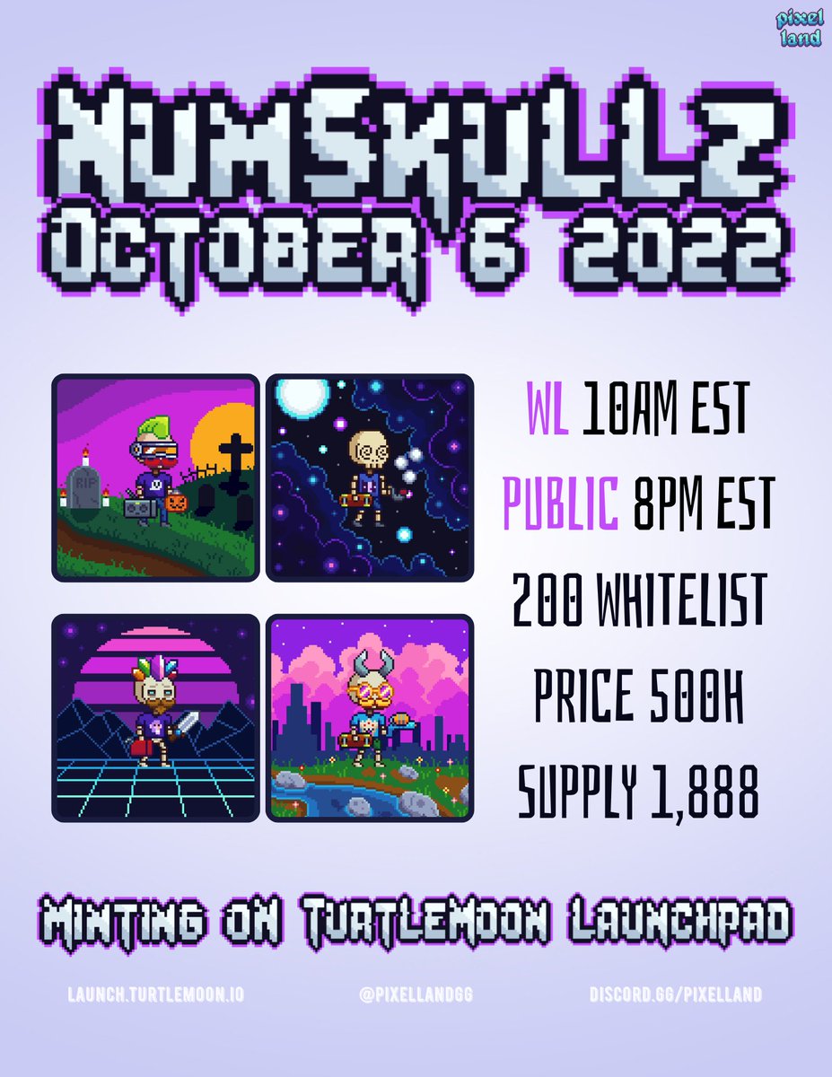 📢 Only 3 more days until the launch of NumSkullz! 

Check out minting details below⬇️ 

Make sure to join us in discord for a chance to win a Whitelist spot before the drop! ☠️

Discord.gg/pixelland

#Hedera #HederaNFT #Hbarbarians #hbar #NFT #pixeltober #eth #sol