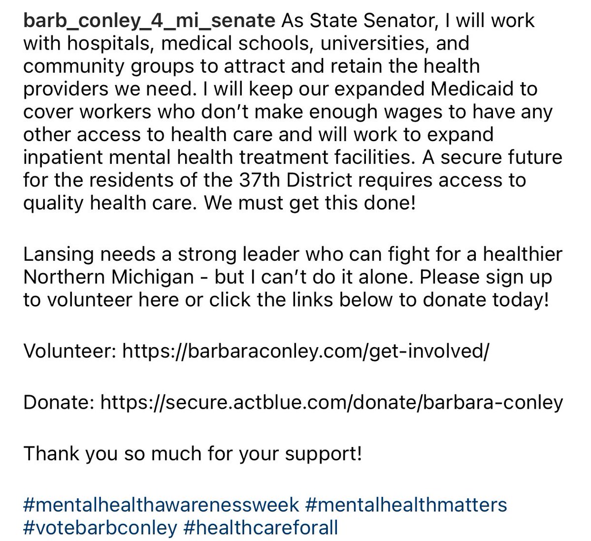 votebarbconley's tweet photo. Lansing needs a strong leader who can fight for a healthier Northern Michigan - but I can’t do it alone.
Volunteer: https://t.co/Gh00cvf5Jv
Donate: https://t.co/iSEMTAWCLb
Thank you so much for your support!
#mentalhealthawarenessweek #mentalhealthmatters #votebarbconley https://t.co/wFtJZjdRWu