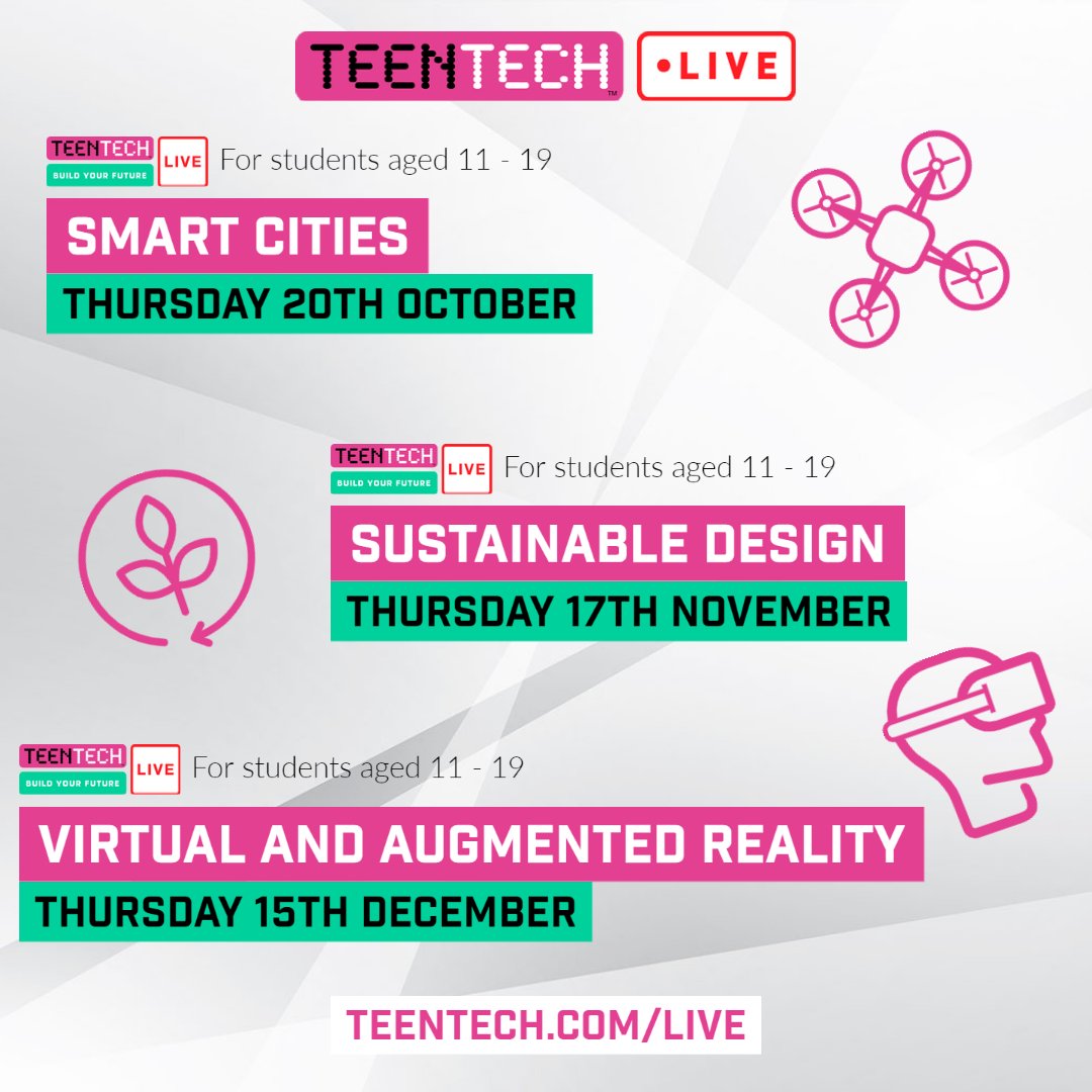 📢 Teachers/schools! Our exciting TeenTech #BuildYourFuture Live programme is back, with exciting, engaging and interactive live virtual sessions covering Smart Cities, Sustainable Design, VR and AR and more. Supported by @OveArupFdn. Register FREE: teentech.com/live/byf/