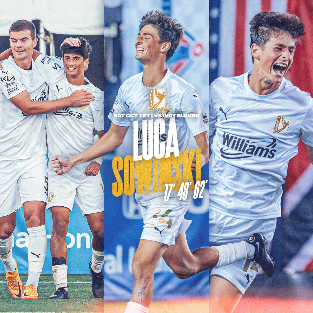 FCTulsa's tweet photo. 𝙃𝘼𝙏 𝙏𝙍𝙄𝘾𝙆 𝙃𝙀𝙍𝙊 🔥 

@LucaSowinski buried not one, not two, but three goals this past Saturday to officially kickstart his professional goal scoring career!

Go on, lad. 🤯

#ForTulsa https://t.co/ily9xFjssM