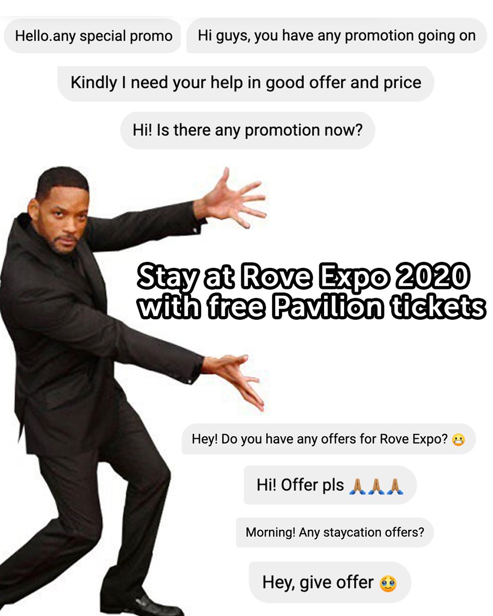 Ask and you shall receive! 🤝 😎

Explore the iconic site with free access to the sustainability and mobility pavilions 🤳 

Book now at bit.ly/3C0YfdT

#Rove #Rovehotels #Expo #Expocity #Expo2020 #Staycation #Dubai #hotels #Travel #funny #meme