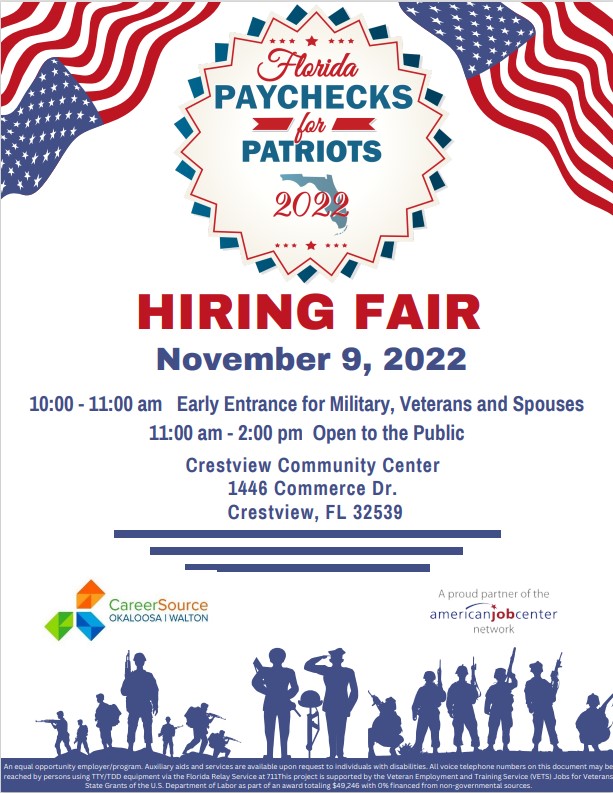 ***Save The Date***
CareerSource Okaloosa Walton is excited to invite you to our biggest event of the year! Paychecks for Patriots... The event is free to register for employers and to attend for Jobseekers. We look forward to seeing you all there. 
#employmentopportunities