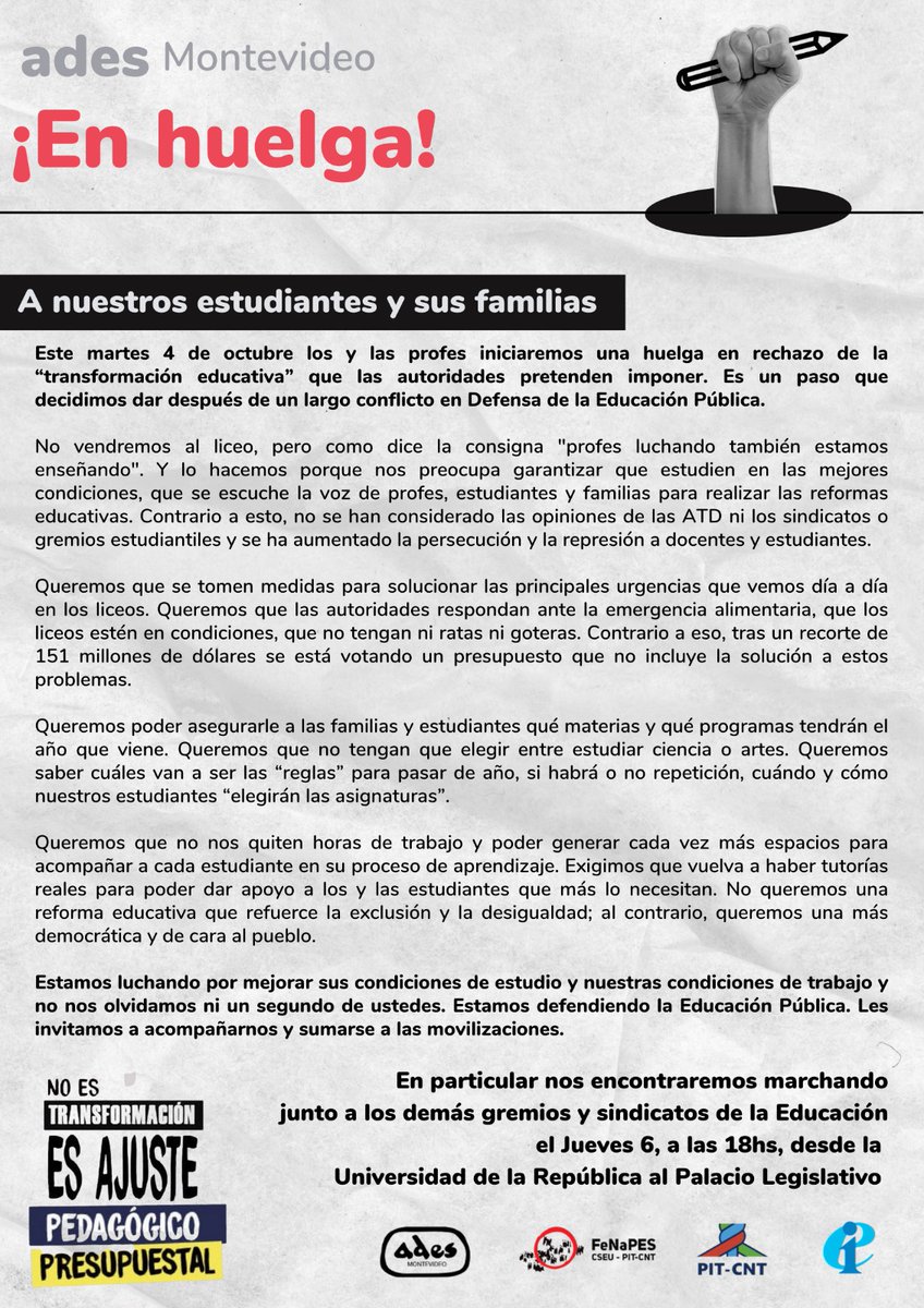 ADES_Montevideo's tweet image. Ades Montevideo en Huelga!

¡Arriba los y las que luchan!

#EnDefensaDeLaEducaciónPública
#sineducaciónpúblicanohayfuturo
#sindocentesnohayeducacion