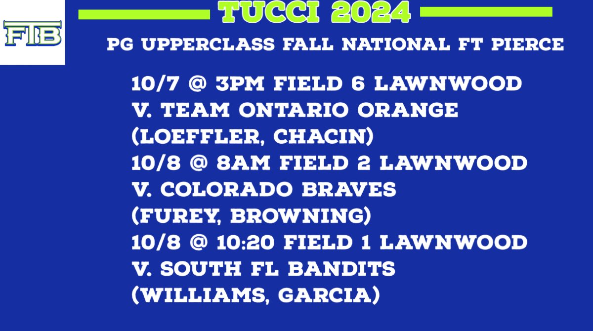 Tucci 24 is back at it this weekend! Below is our schedule &amp; Pitching Probables! #ftb #tucci24 #PGUpperclassFallNationals