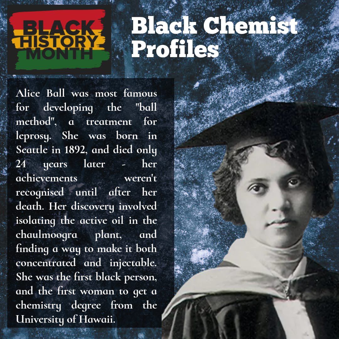 Our first profile for #blackhistorymonth is Alice Ball, a pioneer for black chemists and female chemists.  She was most famously known for her research into treating leprosy
