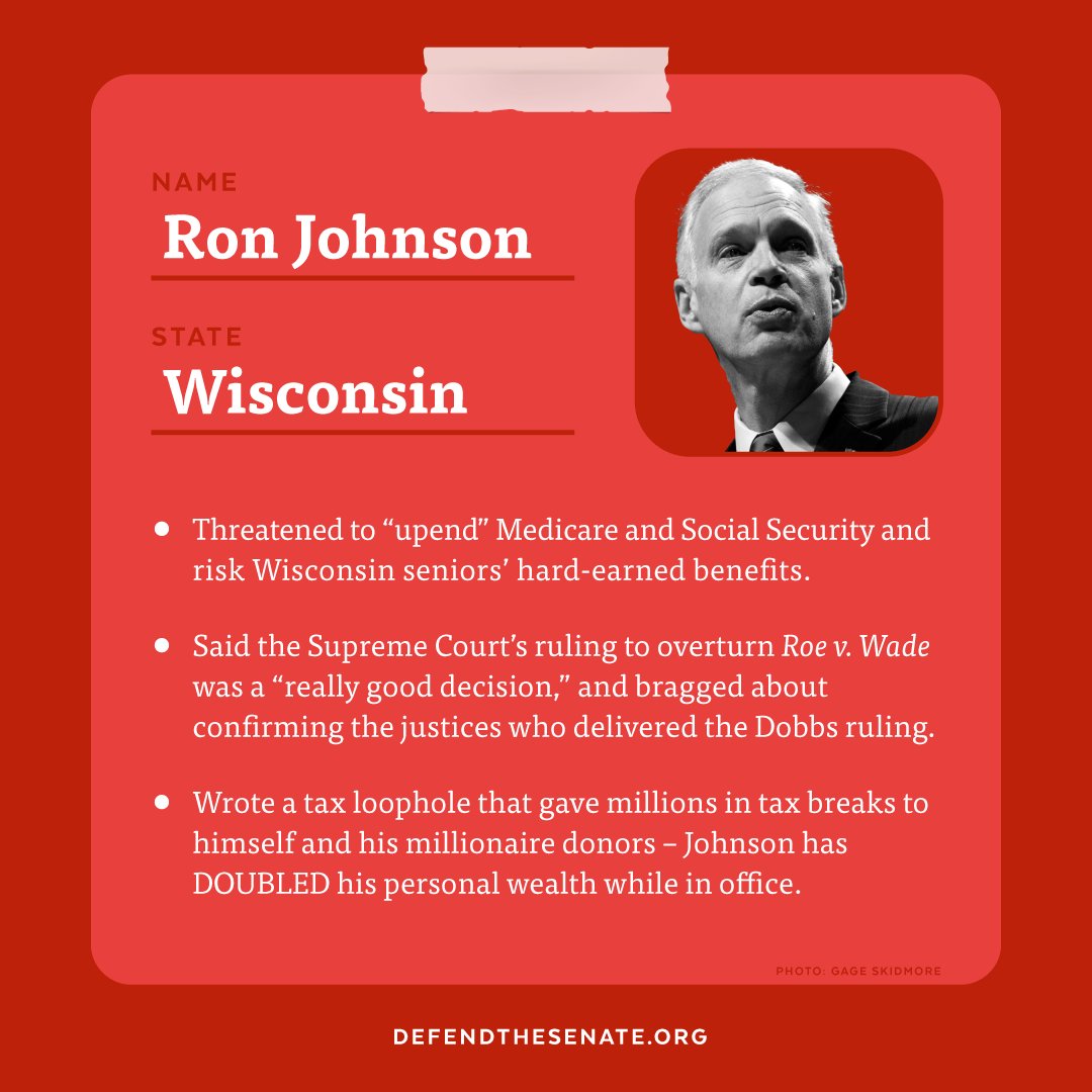 dscc's tweet image. Meet Senator Ron Johnson: He’s an out of touch politician who’s only in it for himself.
