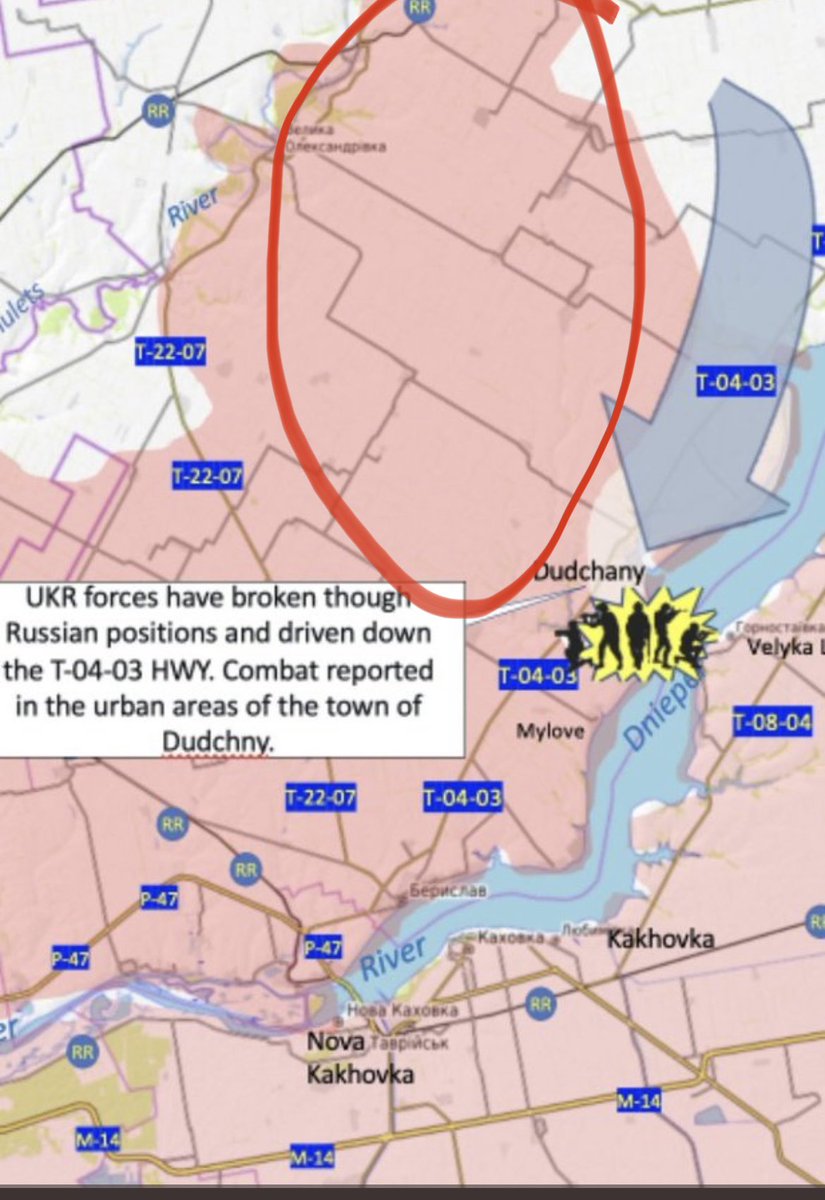 ThomasALamb's tweet photo. The area in red is contested and has been for weeks - Ukr artillery has been softening RU invaders defenses and reducing numbers. You don’t magically go from controlled to liberated in hours. #kherson oblast #magiccrayons https://t.co/wu9BGBeHPm