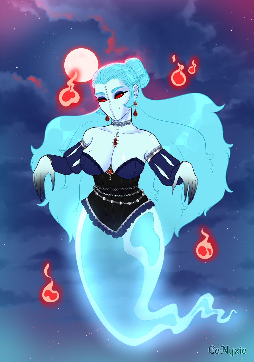 GenimKing's tweet photo. Ayooo spoopy month!
Made a fun lil ghosty during @KevinApocalypse stream last night. 
Boobs were mentioned so she stacked! 
Happy all hallows month! https://t.co/uc0CQNvkPH