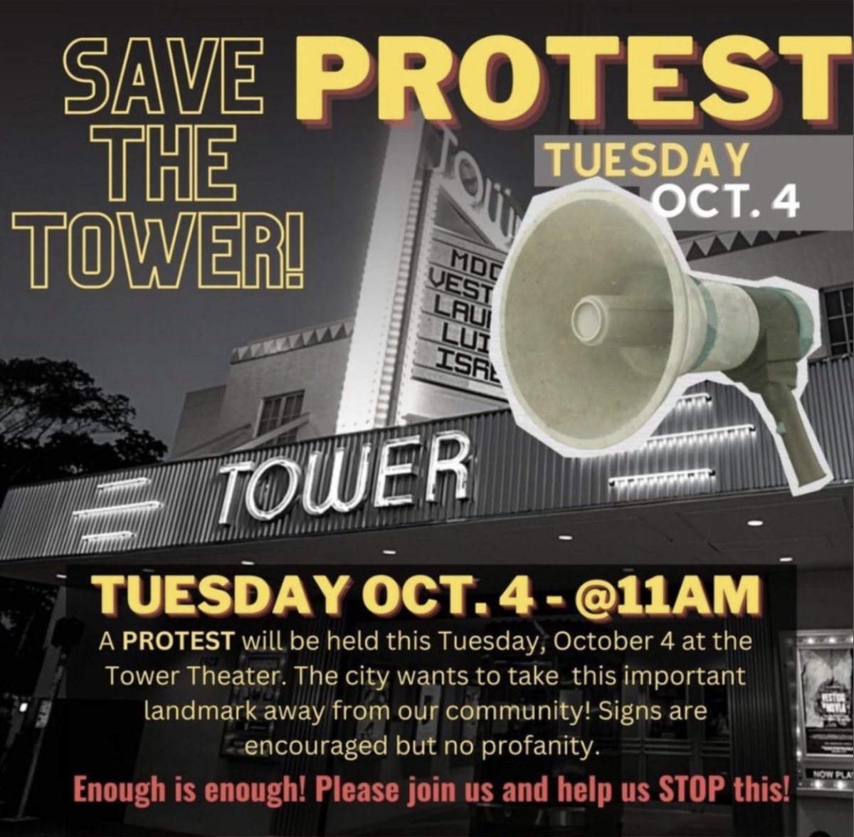 PROTEST TOMORROW TO SAVE TOWER THEATER @TowerTheaterMIA #miami #miamifilm #miamidade @philiplord @BillyCorben @RodriguezRene @MiamiHerald @MiamiNewTimes @BecauseMiami @ONLYinDADE