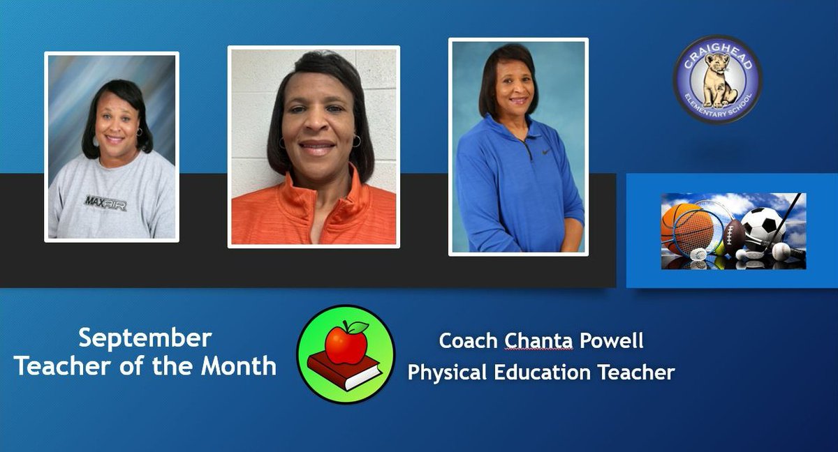 TraceyLHunter2's tweet photo. Congratulations to Our September Teacher of the Month, Coach Chanta Powell. Coach Powell, Craighead's Physical Education Teacher, is an EXTRAordinary professional who gives more than 110% each day. #lions #dedicatededucator @craighead_lions @MobilePublicSch https://t.co/RQA2StsntJ