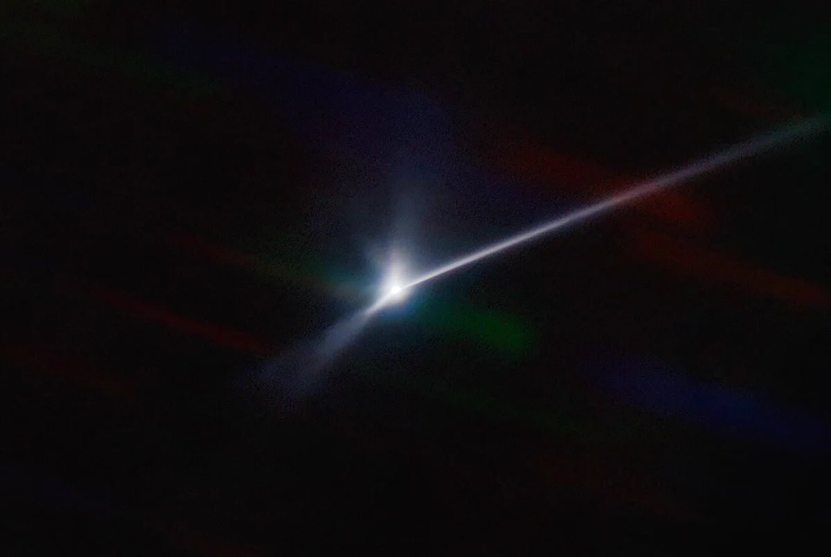 This image captures the vast plume of dust and debris blasted from the surface of the asteroid Dimorphos by NASA’s DART spacecraft when it impacted on 26 September 2022. The more than 10,000 kilometer long dust trail can be seen stretching from the center to the right-hand edge of the field of view.