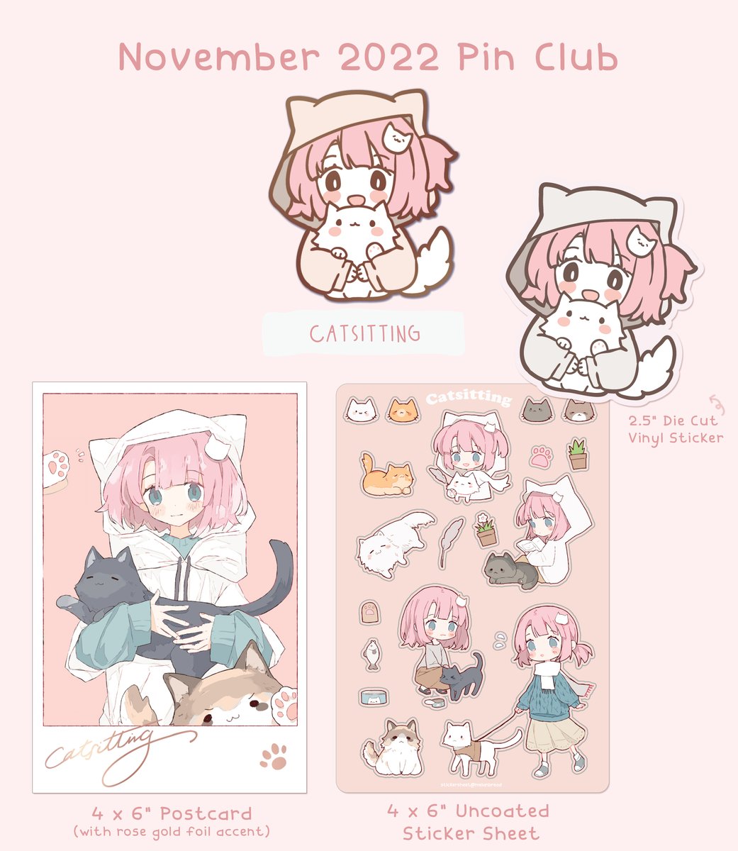 November's Patreon theme is "Catsitting" featuring a character who has a busy job juggling a lot of mischievous cats!
This month's merch will be a pin, postcard with foil accent, sticker sheet, and vinyl sticker. Pledge during the month of November to get it shipped.⁣⁣ 