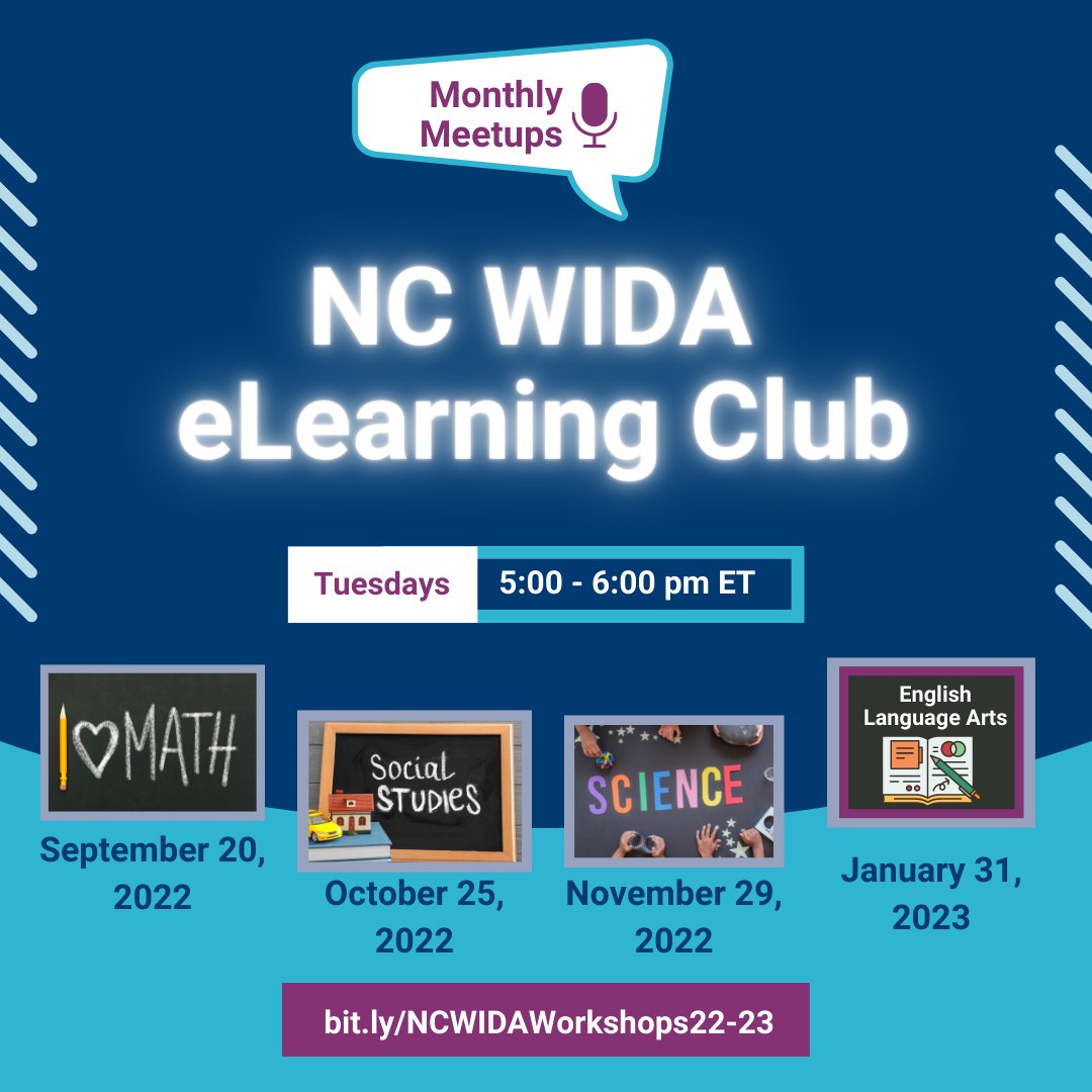 NCDPI_MLs's tweet photo. Join the NC @WIDA_UW #eLearningClub Our next meetup is on October 25. These meetups welcome educators who have access to the WIDA PL Self-Paced Package in their states!! #Together4MLs #NCELD More info at https://t.co/COOAewVNBf https://t.co/1Jp5LJaK6F
