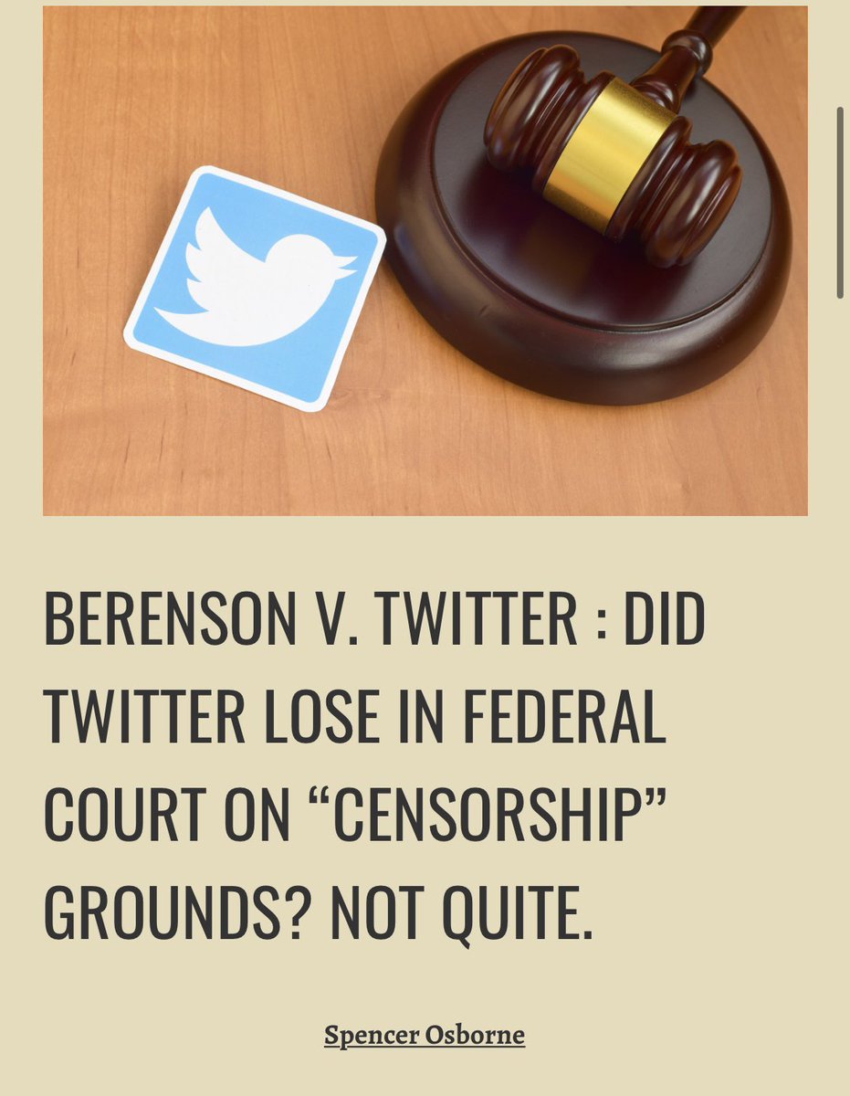 New blog post! Everyone head over to our De Novo blog to check out Spencer Osborne’s new post “Berenson v. Twitter: Did Twitter Lose in Federal Court on Censorship Grounds? Not Quite.” Congrats, Spencer on your publication! Follow this link to read: wfulawpolicyjournal.com/2022/10/03/ber…