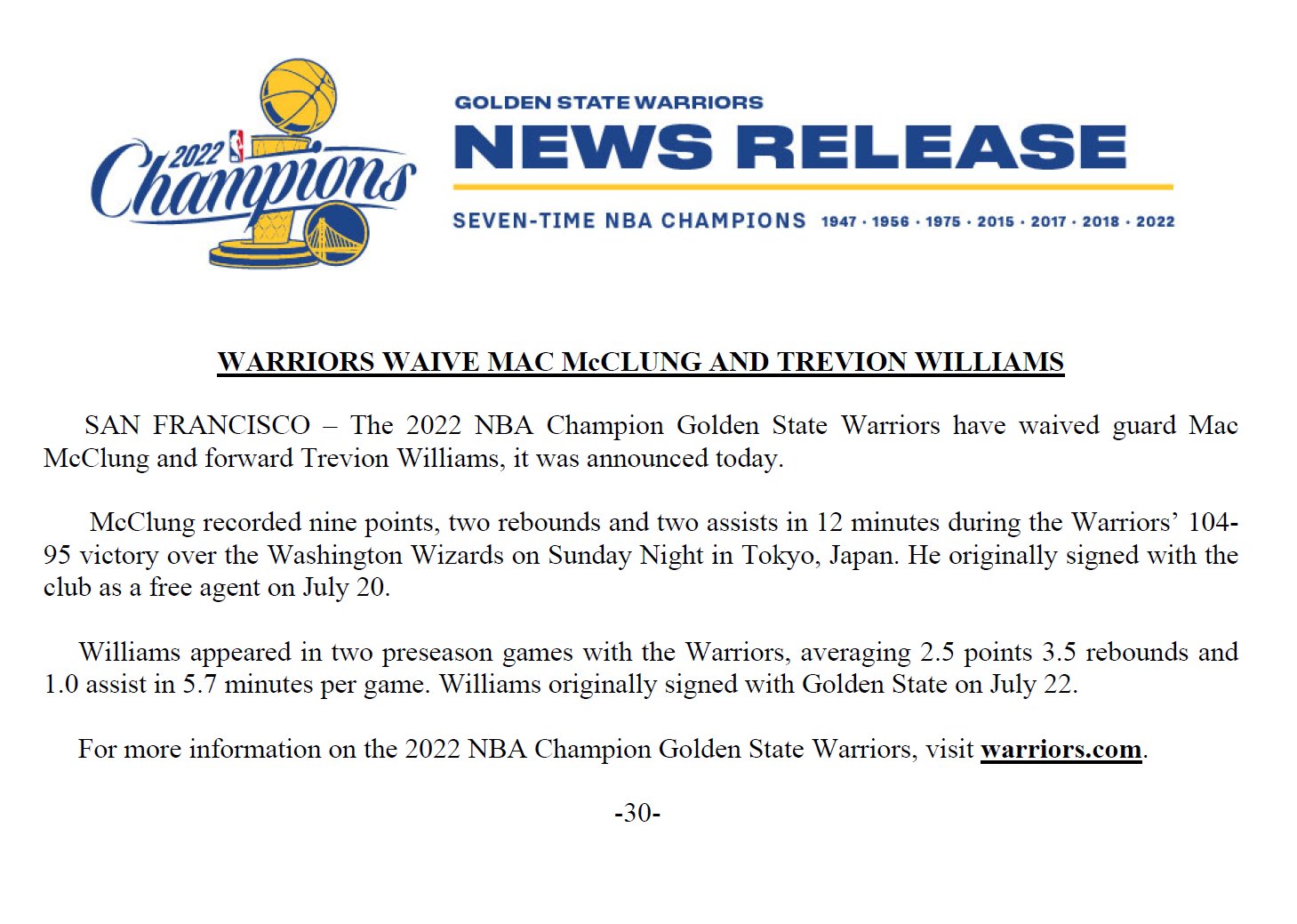 Warriors Waive Mac McClung and Trevion Williams