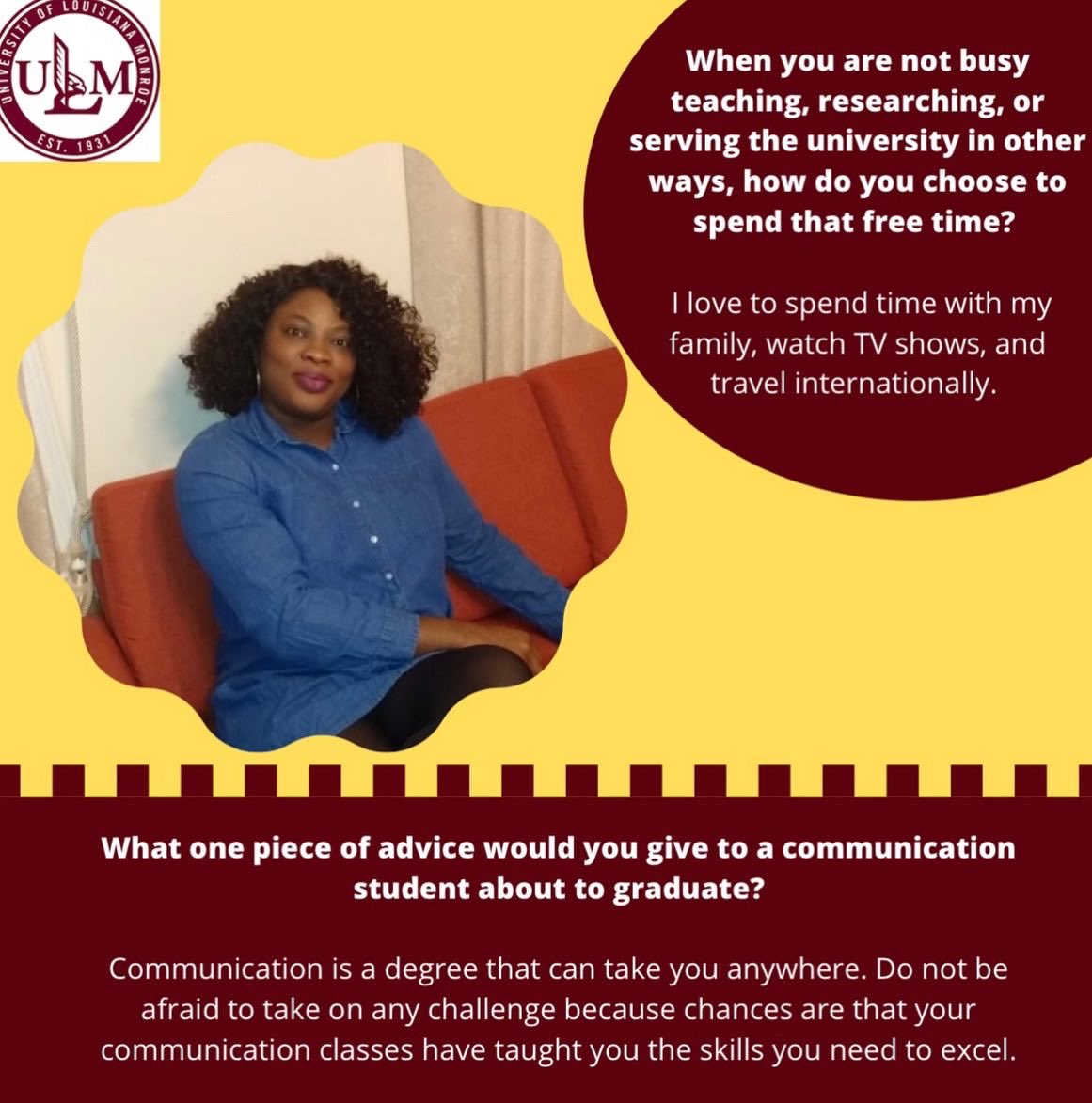 UlmComm's tweet image. Get to know Dr. Adaobi Duru. Dr. Duru is a talented professor who has served the Communication Program well for years in a variety of ways! #ulmcommprogram