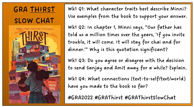 MrsHipgrave's tweet photo. Here we go #GRAThirst community! Week 1 questions for our #GRAThirstSlowChat are below. Can't wait to hear from everyone! #GRA2022 https://t.co/IZlXqmGJ9X