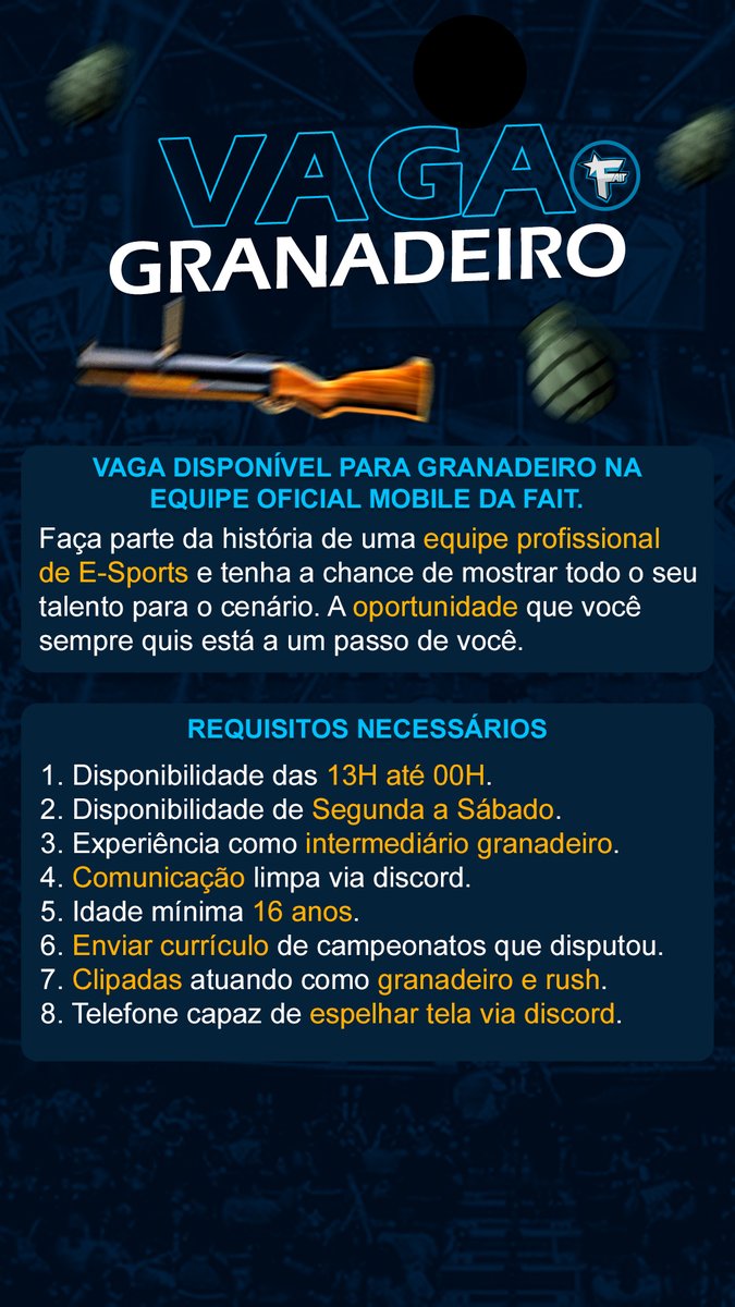 blacksagaro77's tweet photo. F/A equipe mobile oficial da FAIT está a procura de um granadeiro/rush para LBFF.

#freefire #freefirebr #lbff #freefirebrasil https://t.co/yF82VfVUx3