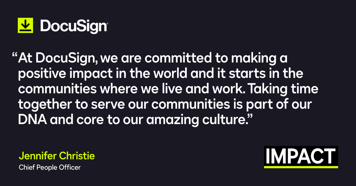 Docusign's tweet photo. We believe in promoting a culture of giving back and community support throughout our organization.
For #DocuSignIMPACT Week, and every week, we encourage our employees to take action in their own communities by volunteering with organizations and causes they believe in. https://t.co/a1qId4E28r
