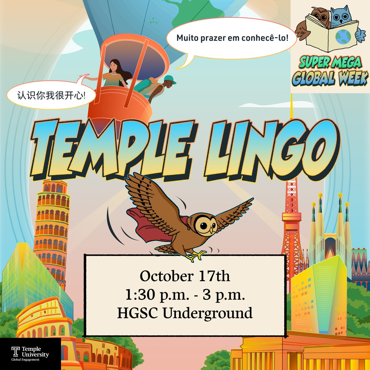 Join us during Super Mega Global Week for the 6th annual Temple Lingo!! 💬

This year, we're exploring IDIOMS! Come get immersed in a variety of different languages using fun and interactive lessons &amp; have a chance to win exciting prizes.

🔈 - RSVP Here: docs.google.com/forms/d/e/1FAI…
