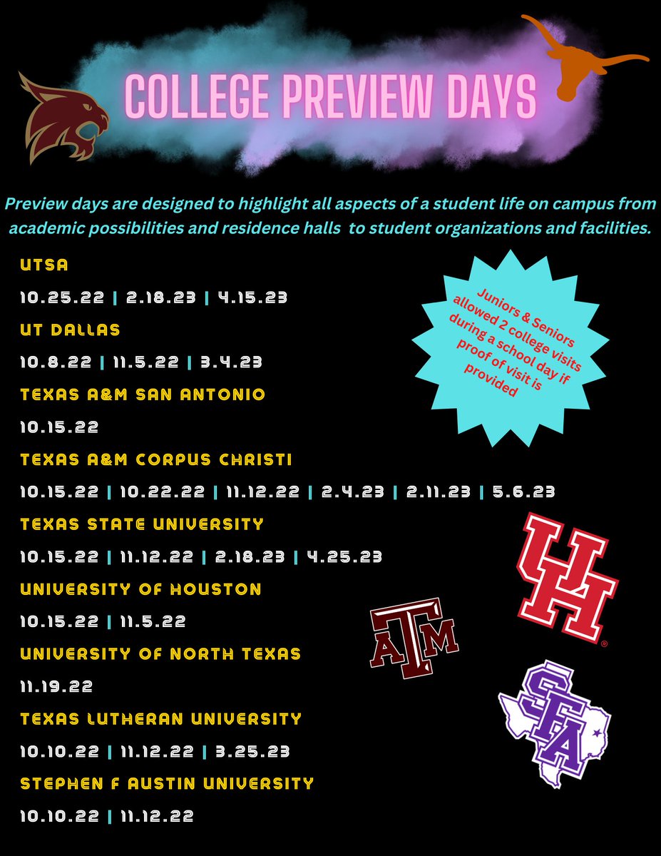 SMHS College & Career Center (@smhs_ccc) on Twitter photo Howdy y'all! Just a reminder that if you are interested in a college, then show up for preview days at their campus to learn more about them!
Juniors and Seniors, you are excused from school if you go to a preview day IF AND ONLY IF proof is provided that you attended. 👁️👄👁️ Howdy y'all! Just a reminder that if you are interested in a college, then show up for preview days at their campus to learn more about them!
Juniors and Seniors, you are excused from school if you go to a preview day IF AND ONLY IF proof is provided that you attended. 👁️👄👁️