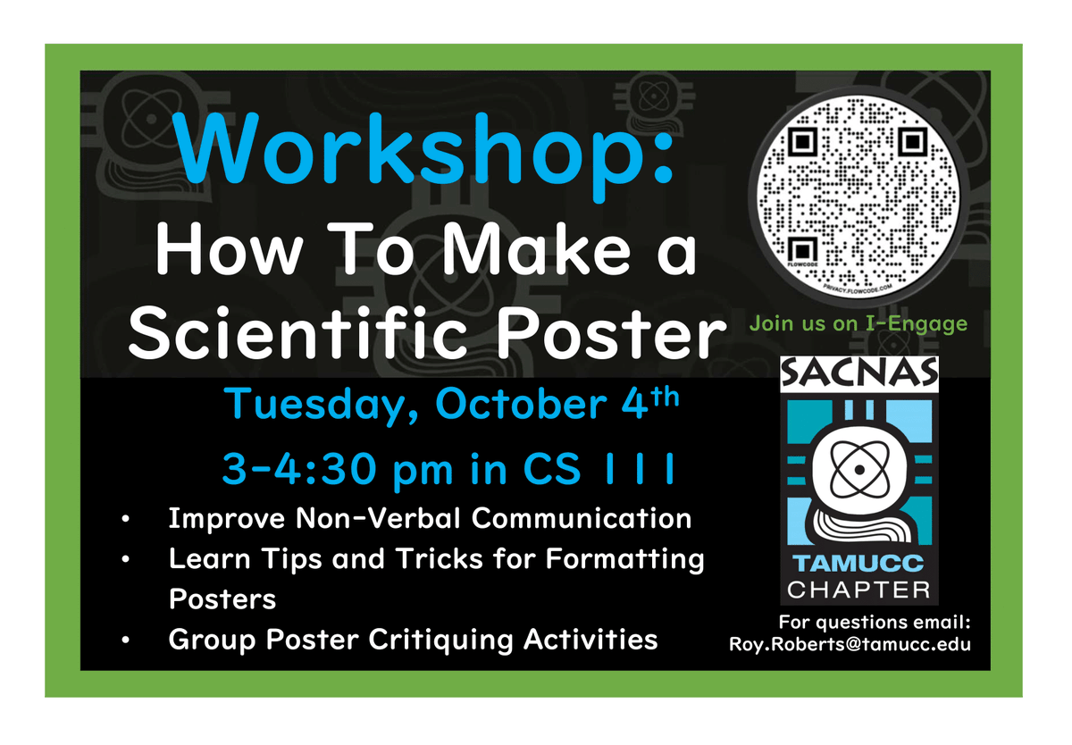 TAMUCC_SACNAS's tweet photo. Don't forget about our "How To Make a Scientific Poster" workshop tomorrow at 3:00 pm! Open to all graduate and undergraduate students who have upcoming presentations for conferences and capstone projects!  @IslandCampus 

#SACNAS #TAMUCC #islanders #STEM https://t.co/uPHhs07Yhh