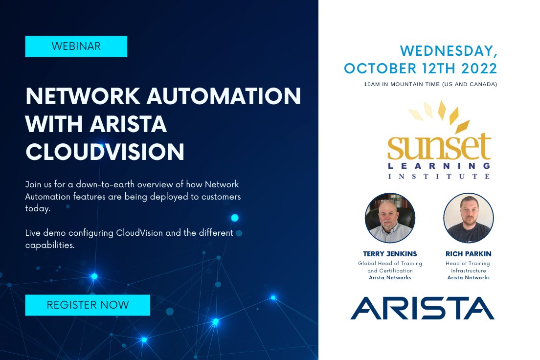 Join the Arista Training team discussing Network Automation with Arista CloudVision.

Don't miss out, sign up now - hubs.ly/Q01nQCXL0