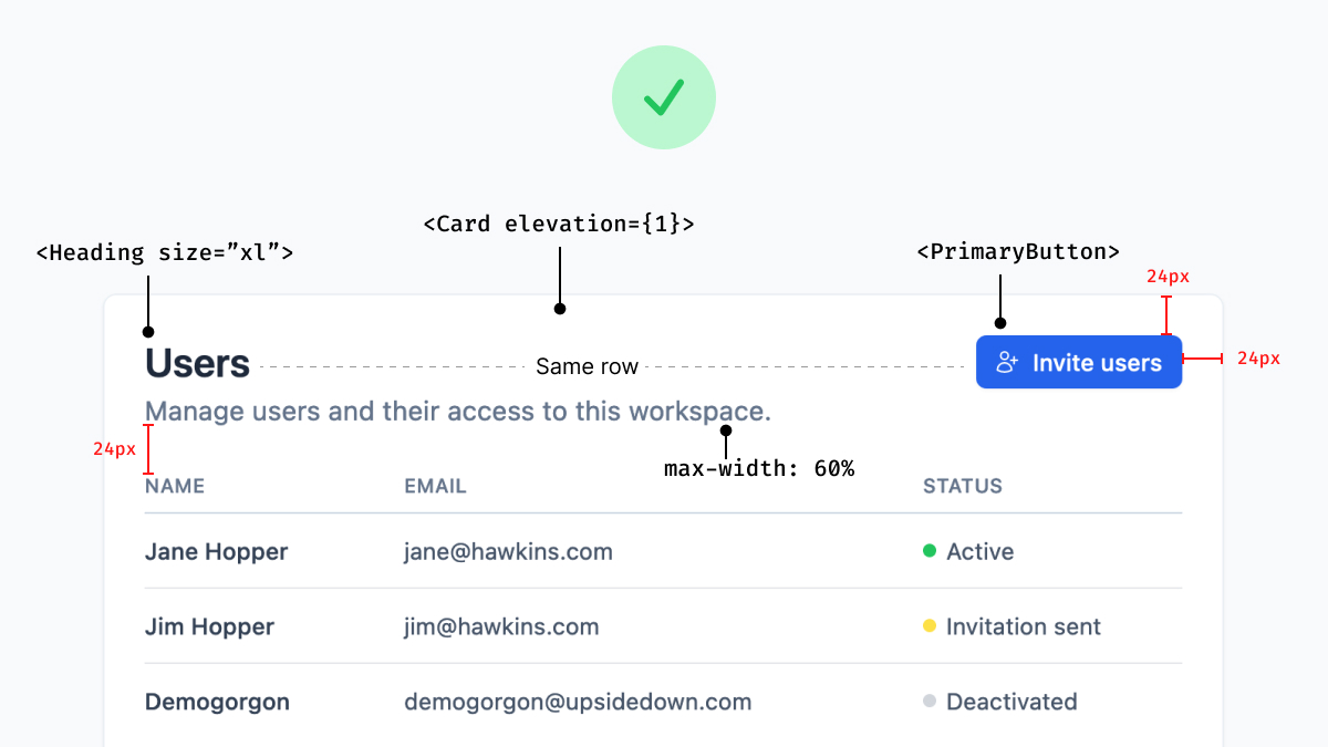 One thing I don't see often in design systems – layouts and patterns.

Having a great set of components is good, but it's just as important to guide people how to use and combine them into complete pages.

It may be obvious to you, but not to someone new joining your team.