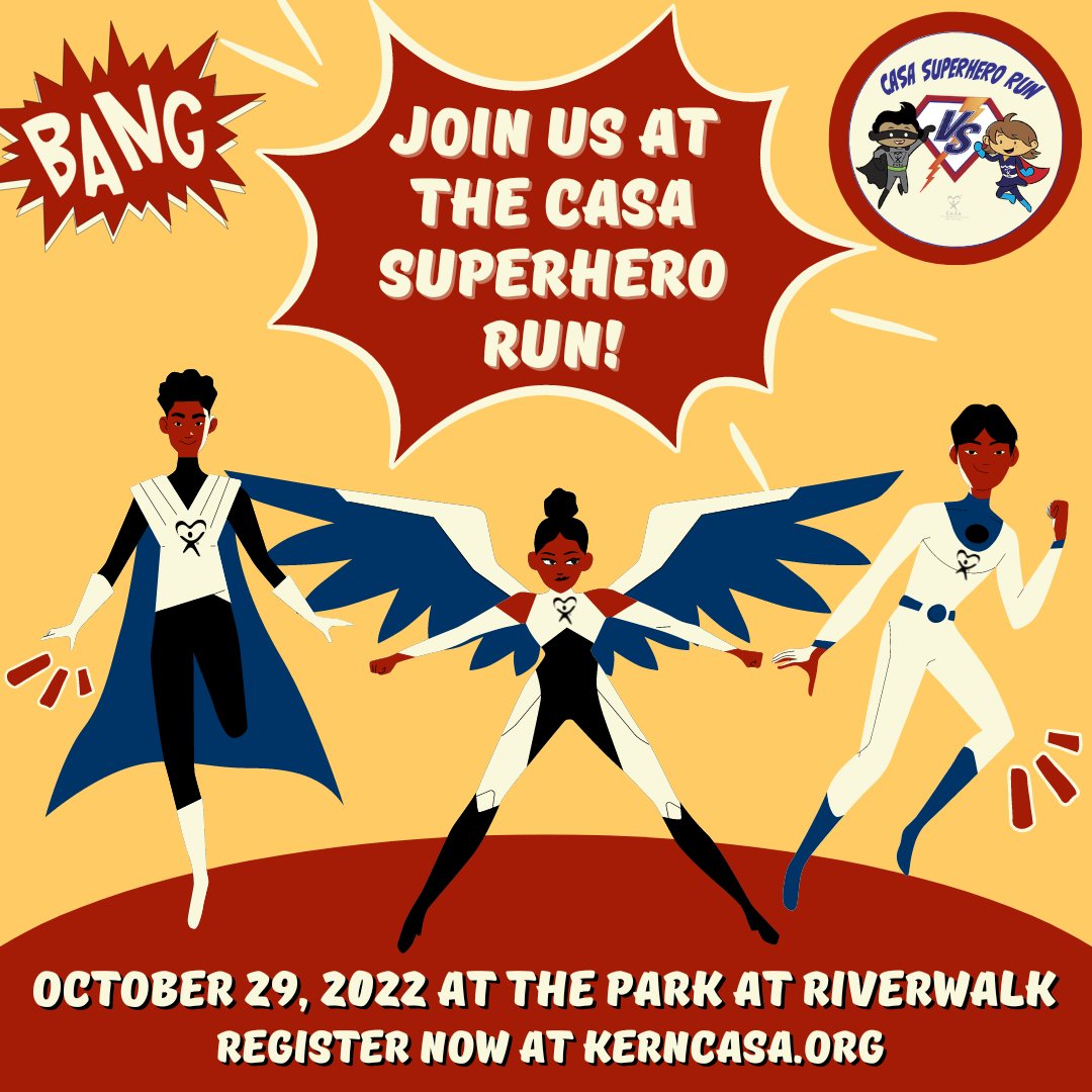 KernCASA's tweet photo. Are you ready to bring out your inner superhero or villain? Join us on October 29th at The Park at Riverwalk for our annual CASA Superhero Run! This year we have some fun surprises up our sleeves for all of the kids attending. Stay tuned for more! #CASAHero https://t.co/B3SkDH4VOk