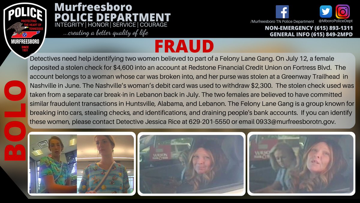 MboroPoliceDept's tweet image. Detectives need help identifying two women believed to part of a Felony Lane Gang. They are accused of stealing checks, debit/credit cards and ID's and committing fraudulent transactions using victims information. Call Detective Rice at 629-201-5550 with tips.