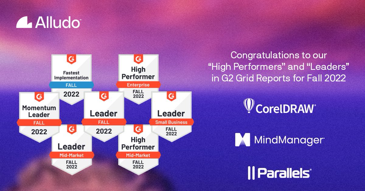 🎉 Congrats to @CorelDRAW, @Parallels, and @Mindjet for being recognized by @G2dotcom in Fall Grid Reports! Thank you to our customers as this is from all of your fabulous support! Read more about the reports here 👉 allu.do/3RsJu9n