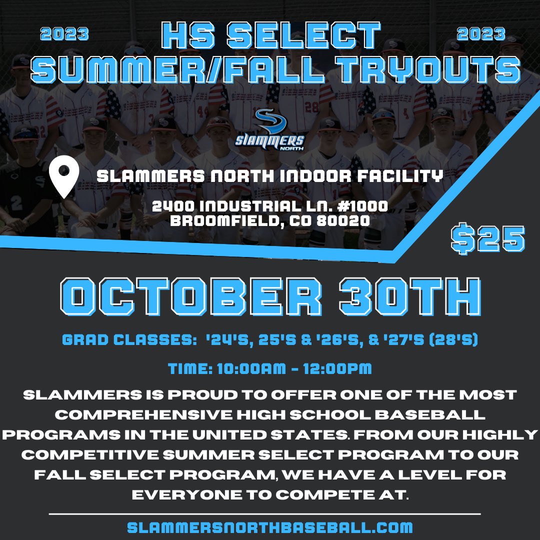 SlammersNorth's tweet photo. Join our #slammersfamily and our #highschool program next Summer and Fall! Tryouts for 2023 are on Oct. 30th!
Sign up today! Link in bio!
#slammersnorth #slammersbaseball #slammersfamily #slammers #highschoolbaseball #tryouts #highschooltryouts https://t.co/eQdvUponYV