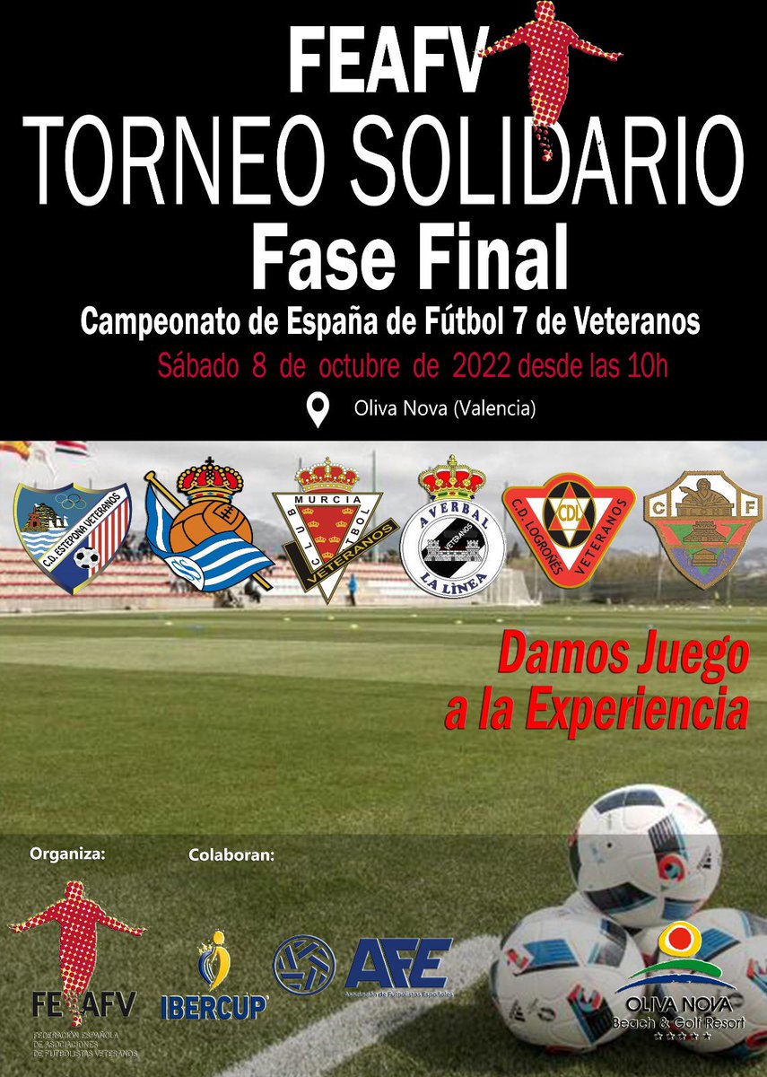 Ya tenemos cartel para la fase Final del Campeonato de España 🇪🇸 <a href="/FEAFV/">Futbolistas FEAFV</a> intentaremos poner al Real Murcia CF en lo más alto del fútbol Veterano. Próximo Sábado día 8 en Oliva. <a href="/realmurciacfsad/">Real Murcia CF</a> 
<a href="/RealSociedad/">Real Sociedad Fútbol</a> 
<a href="/elchecf/">Elche Club de Fútbol</a> 
<a href="/cdlogrones/">CD Logroñés</a> 
<a href="/RBL1912/">Real Balompédica Linense</a> 
<a href="/CDEstepona/">C.D. Estepona</a>
