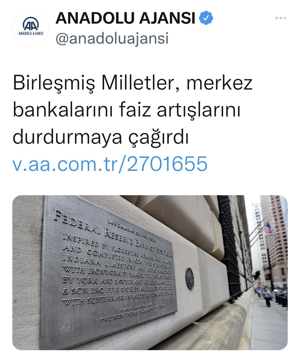 Bak şu BM’nin yaptığına🤔
Merkez Bankaları faiz artışını durdursunmuş!! 
Bir kere o Merkez Bankaları bağımsız tamam mı!
Sonra bizim ekonomi dahisi profesörleri hiç mi takip etmez bu BM..
Faiz artışı tek çare..Bilen bilmeyen konuşuyor..
Cık..Cık..Cık…