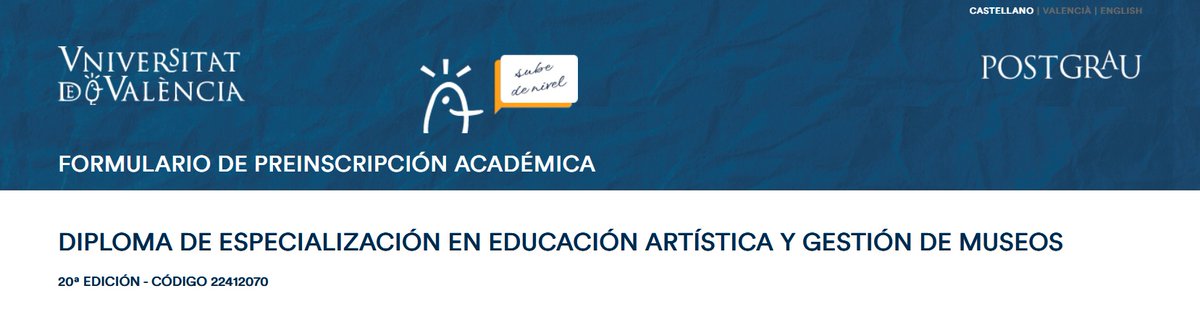 Se encuentra abierta la inscripción de la 20º edición del Diploma de Especialización en Educación Artística y Gestión de Museos que se imparte en el <a href="/ADEITUV/">Fundación ADEIT</a>  un título propio de la <a href="/UV_EG/">Universitat València</a> postgrado.adeituv.es/es/cursos/cien… @EducaThyssen <a href="/educaINTEF/">Educación INTEF</a> <a href="/ARTEKLAB/">ARTEKLAB</a> <a href="/mataderomadrid/">mataderomadrid</a> <a href="/apuntnoticies/">À Punt NTC</a>