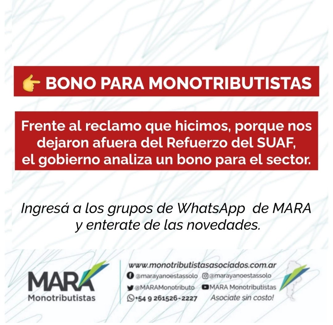 MARAMonotributo's tweet photo. ⚠️⚠️⚠️ #Monotributistas ⚠️⚠️⚠️
Hola a todos! Les comentamos que se está analizando un bono exclusivo para monotributistas. Solo nos han informado eso, estamos a la espera de novedades.

#Esperamosrespuestas #Justicia #suaf  #Gobierno #Argentina https://t.co/rCBVRvUj6E