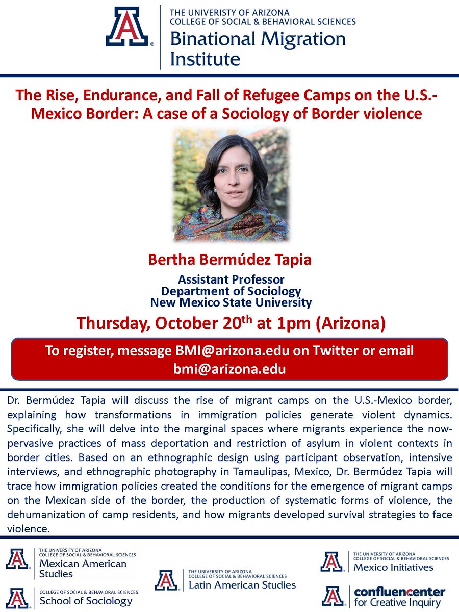 Please join us for <a href="/silvercyl/">Bertha Bermúdez Tapia</a>'s <a href="/UArizona_BMI/">Binational Migration Institute - UArizona</a> talk on Thursday, October 20th at 1pm. To register, please message <a href="/UArizona_BMI/">Binational Migration Institute - UArizona</a>! @LASACONGRESS