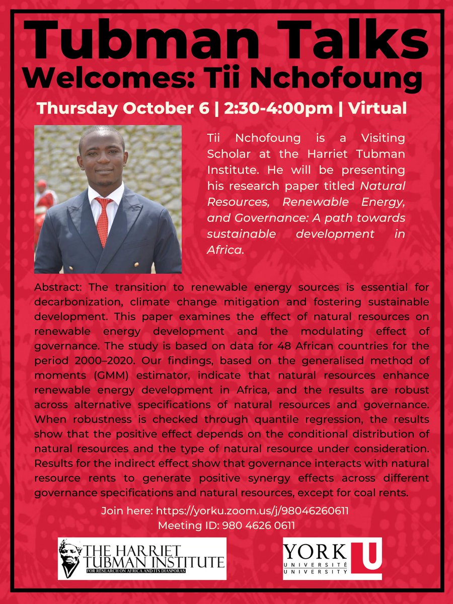 Our first Tubman Talks of the academic year will be taking place this Thursday October 6th (virtually)! Visiting Scholar Tii Nchofoung will be presenting his research titled "Natural Resources, Renewable Energy, and Governance: A path towards sustainable development in Africa.