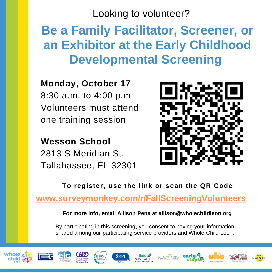 Hello friends of Whole Child Leon! 

We are in need of family facilitators, screeners, and vendors at our Early Childhood Developmental Screening on Oct 17 at Wesson School! This is an amazing opportunity to help families. 

Register Here: surveymonkey.com/r/FallScreenin…