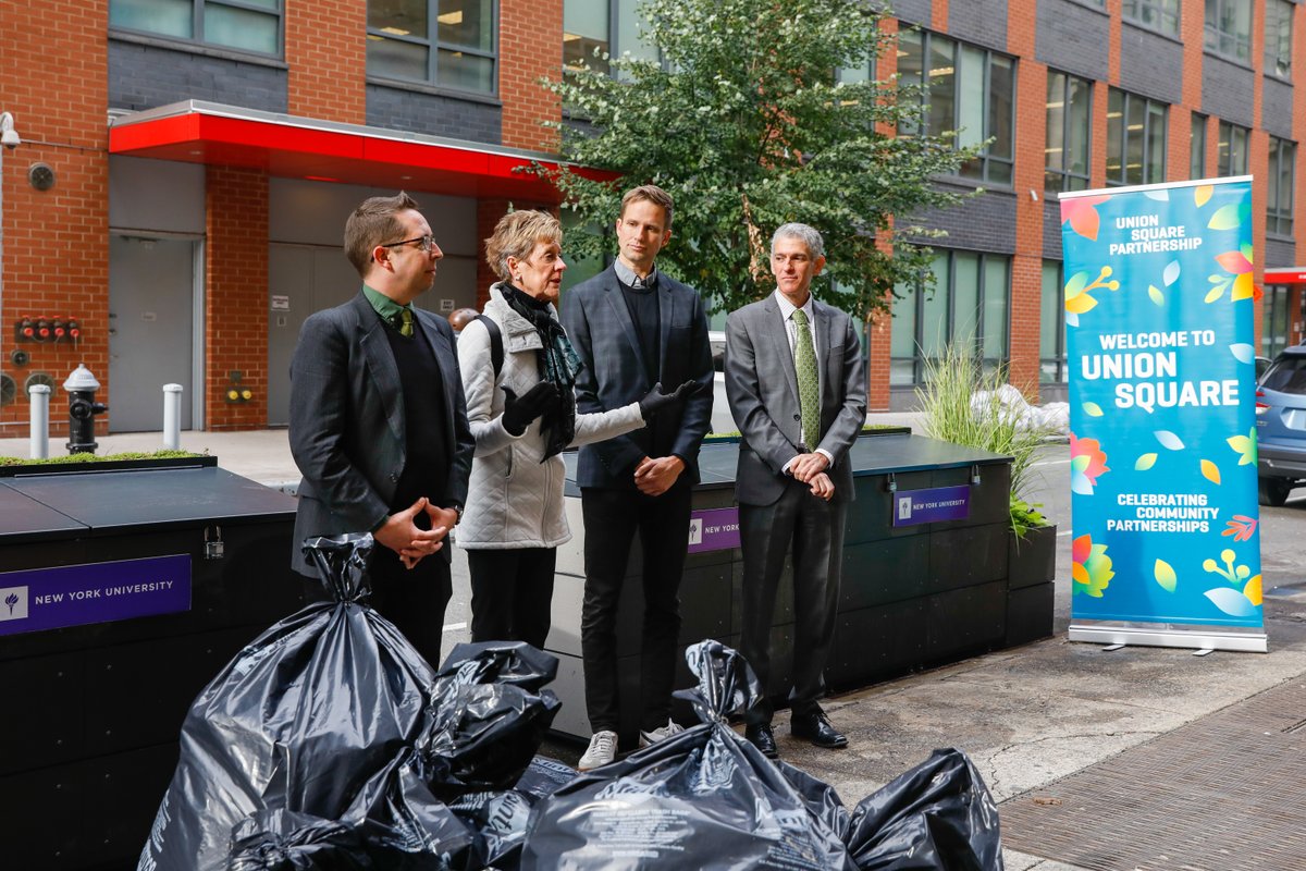 nyuniversity's tweet photo. .@UnionSquareNY, @ebottcher, and @NYUGreen installed new trash enclosure bins at 21 East 15th Street (outside Carlyle Court residence hall) as part of a pilot initiative designed to rid New York’s sidewalks and streets of leaky trash bag piles. https://t.co/H7C4XFE5md https://t.co/8cZufJzvc9