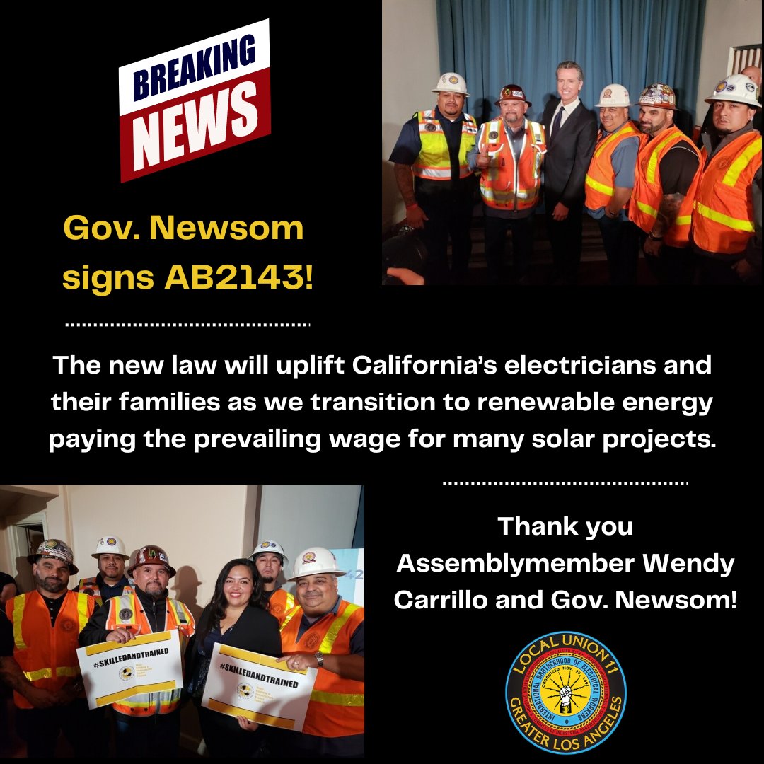 Great news! Statement from Assemblymember Wendy Carrillo, who sponsored the bill, on the signing of AB2143: a51.asmdc.org/press-releases… #Justice40, #IBEW, #LaborMovement, #CleanEnergyJobs, #EnergyTransition, #1u