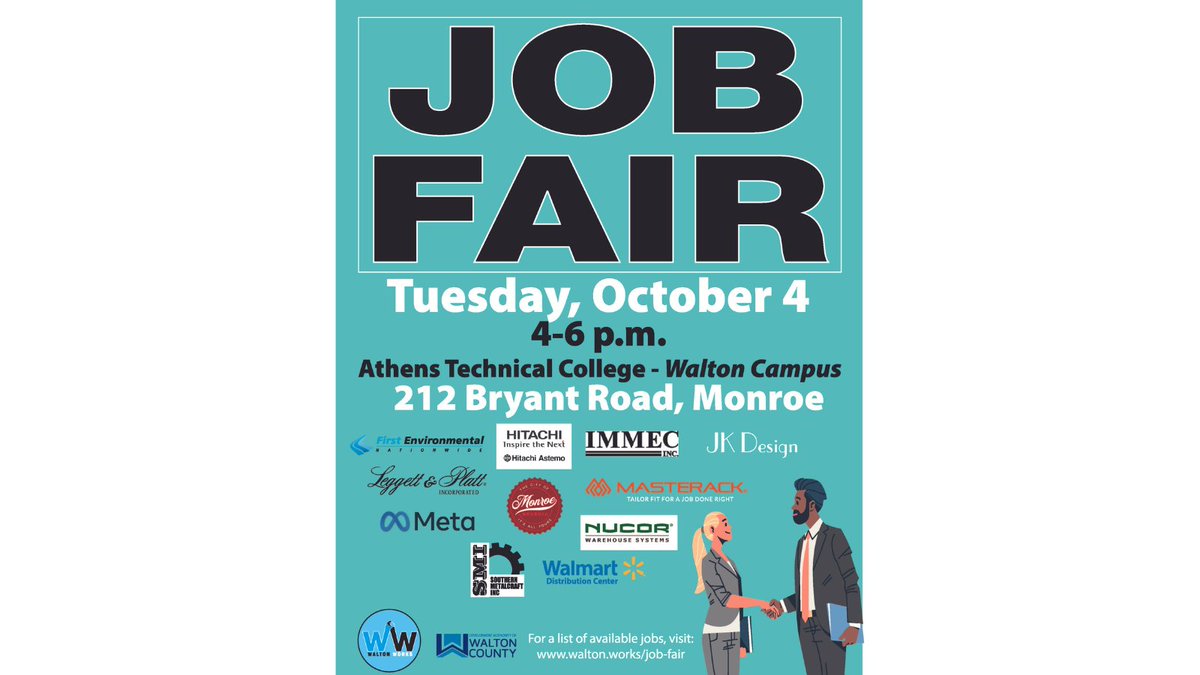 FOURTEEN companies with MORE THAN 100 different available local careers are participating in the Walton Works JOB FAIR on Tuesday, 10/4 from 4 to 6. WALTON COUNTY GOVERNMENT and WALTON COUNTY SHERIFF'S OFFICE have joined the event.  Visit walton.works/job-fair for more info.