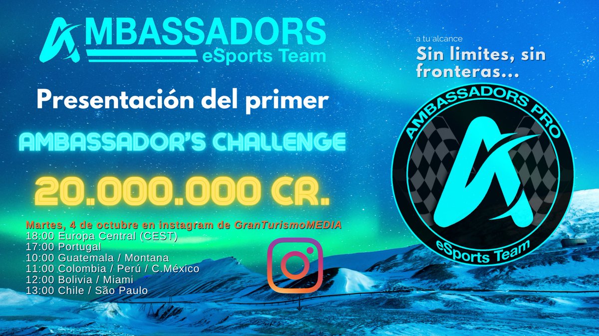 Muy contentos por anunciar que tenemos ya el primer reto de los ambassadors. 

El martes 4 en Instagram de GranTurismoMEDIA daremos más información sobre esta #AmbassadorsChallenge 

🔥 Puedes ganar 20.000.000 Cr. en 30 minutos.

ATENTO a instagram.com/GranTurismoMED…

#GT7 #eSports