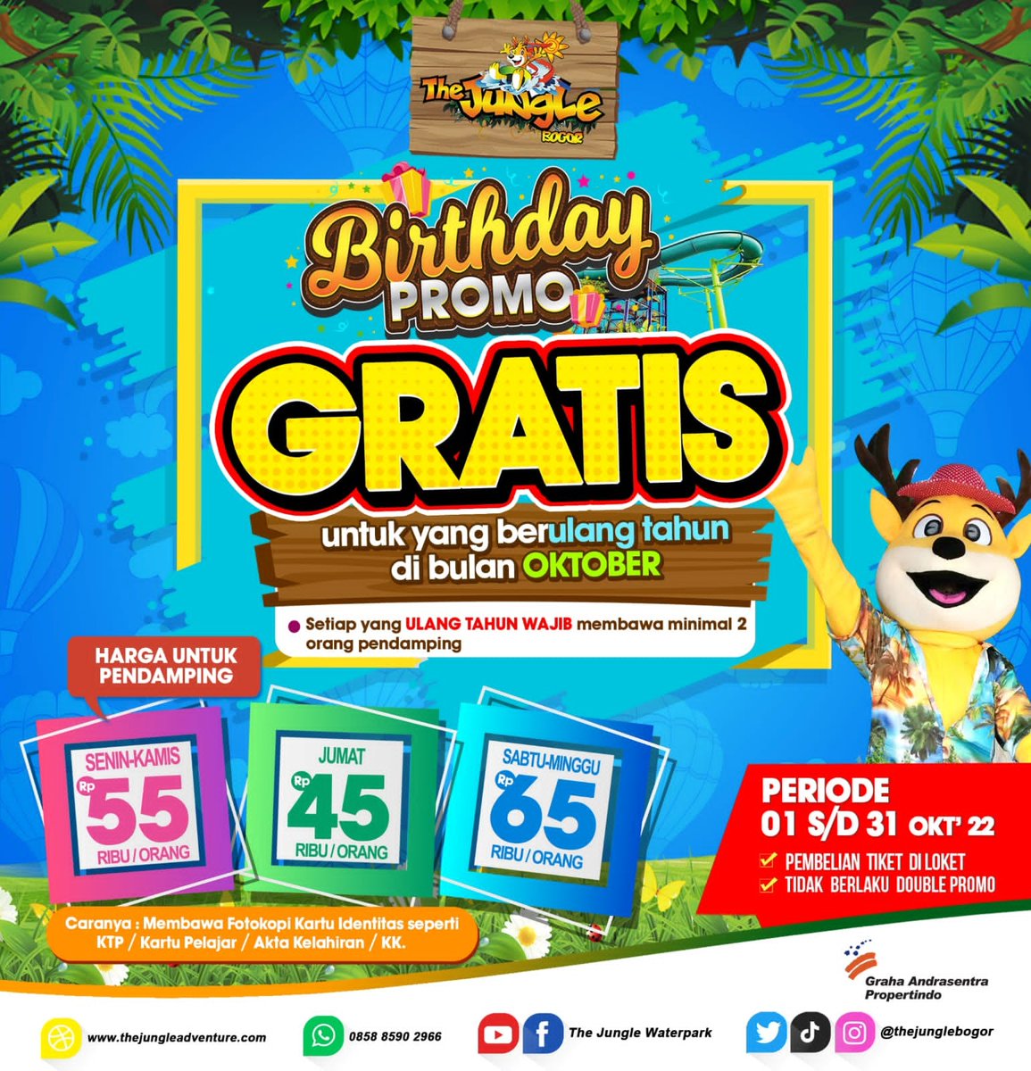 TheJungleBogor's tweet photo. Promo gratis untuk yang ultah di bulan Oktober. Yang ultah gratis, menunjukkan fotokopi id, &amp; bawa pendamping min 2 org.
Selengkapnya bisa dicek di https://t.co/ZhBfaa5Czi atau https://t.co/GSgiUbLk72

#thejunglebogor #mainairyuk #promoultah #birthdaypromo #oktober https://t.co/KitN2ruC9d