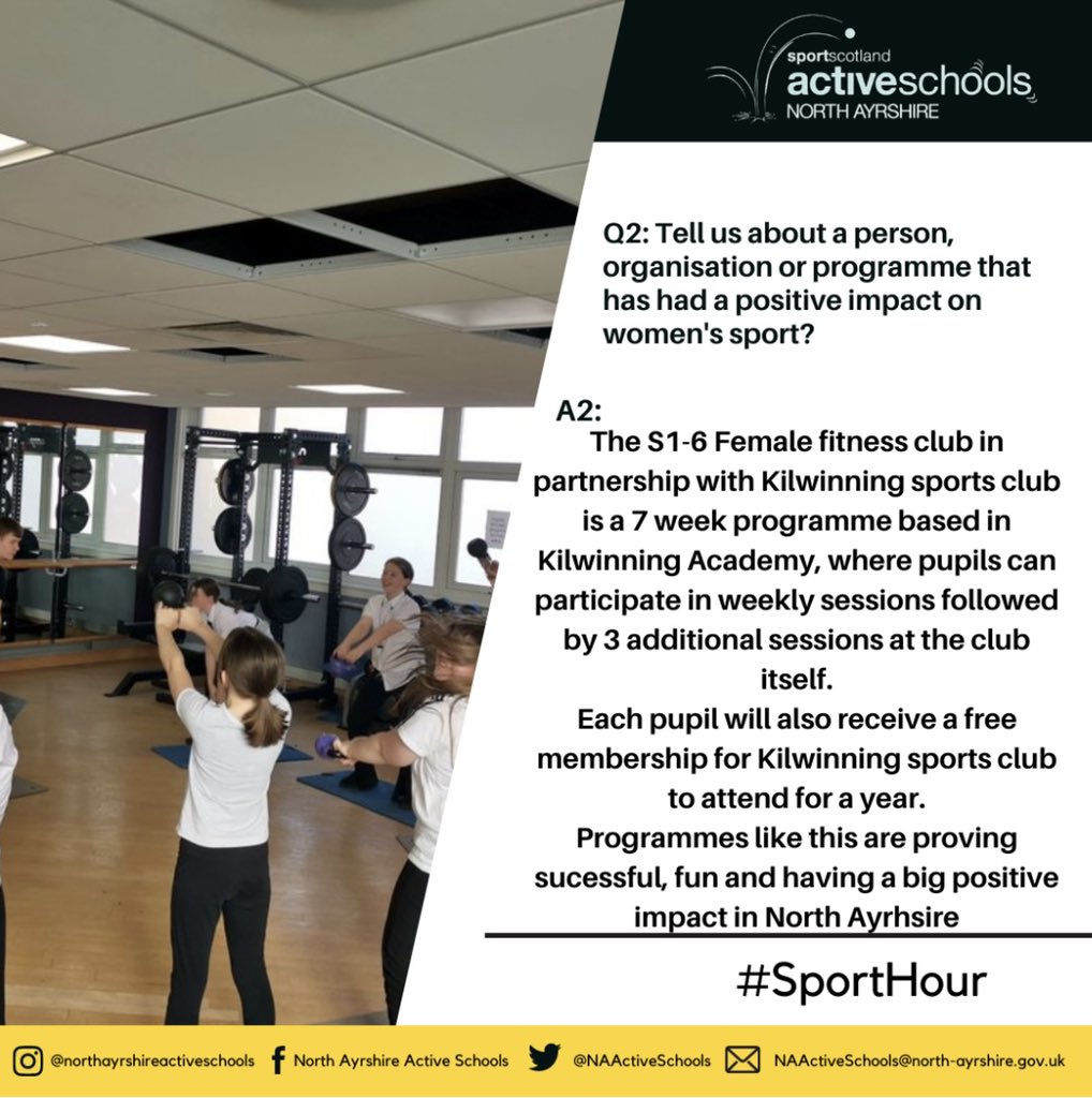 NAActiveSchools's tweet photo. #SportHour💛🖤 

A2: By working together, we are able to bring new programmes to our young people, create friendships and get females into an activity they enjoy😁 

#ActiveGirls @sportscotland @RhonaEA @Kilwinning_Acad @KilwinningSC https://t.co/Pb5gyuPvpI