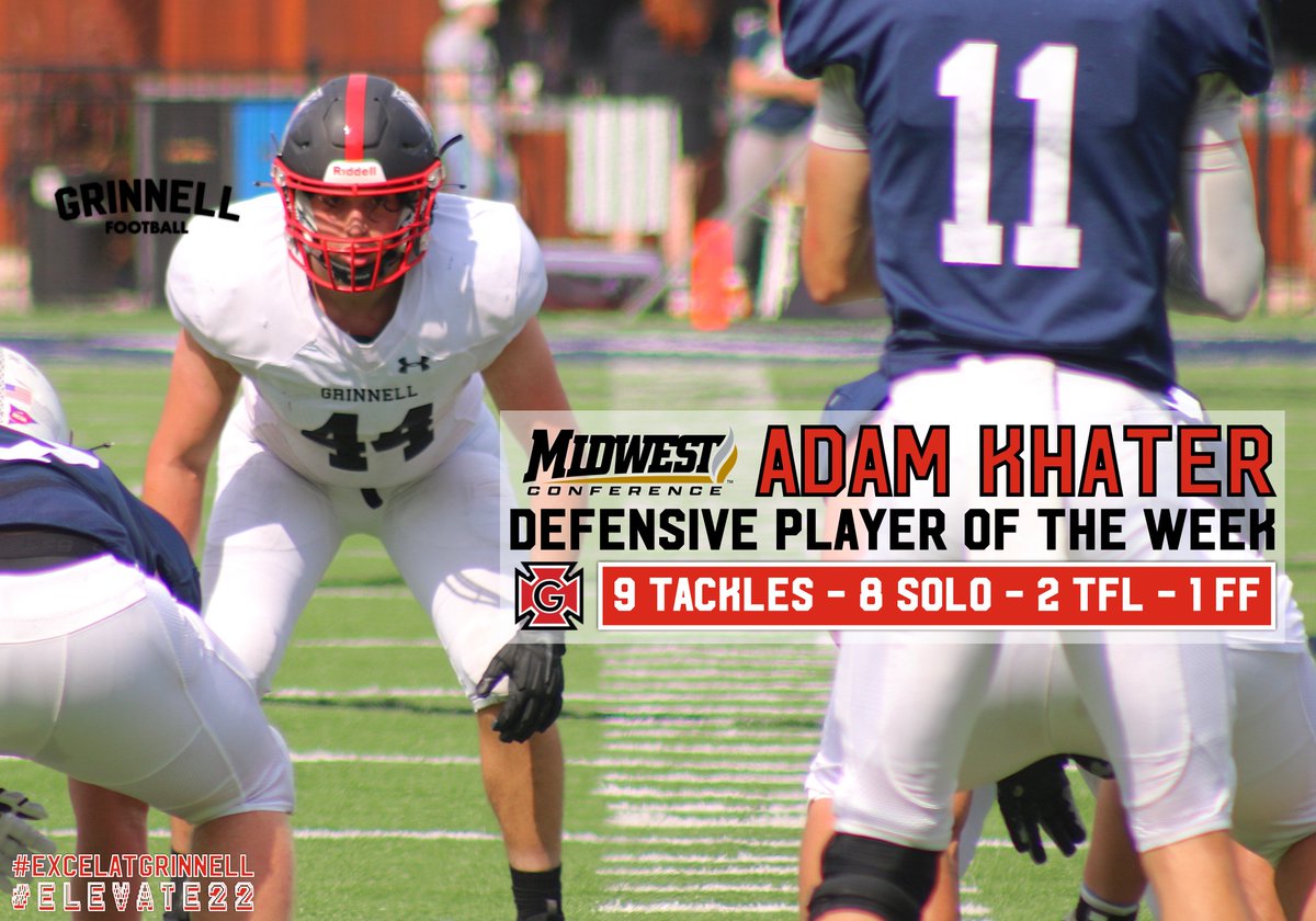 Grinnell College Football (@grinnell_fb) on Twitter photo LB Adam Khater named <a href="/MWCSports/">Midwest Conference</a> Defensive Player of the Week!
#ExcelatGrinnell #ELEVATE22 LB Adam Khater named <a href="/MWCSports/">Midwest Conference</a> Defensive Player of the Week!
#ExcelatGrinnell #ELEVATE22