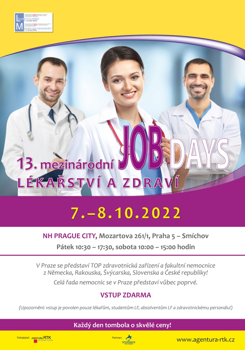 IFMSACZ's tweet image. 13. Job Days lékařství a zdraví ve dnech 7.-8.10.2022

Čeká na Vás 40 nemocnic z 5 zemí !! Navázání kontaktů, orientace v pracovním světě, plánování budoucí kariéry.

Hotel NH Prague City, Praha 5

Pátek: 10.30-17.30
Sobota: 10.00-15:00
Vstup zdarma