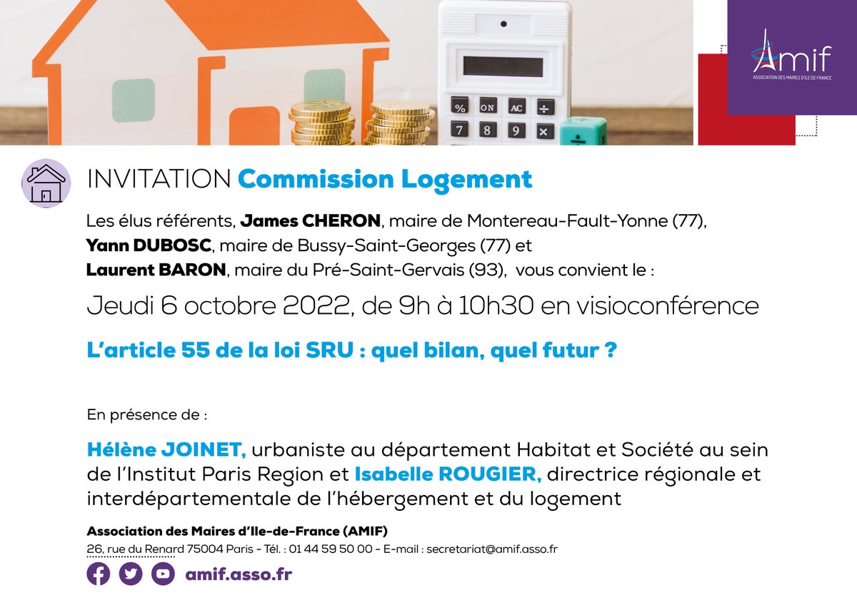 AMIF_asso's tweet photo. 📍L'@AMIF_asso organise une commission #logement , 👩‍💻 sur " L’article 55 de la loi SRU : quel bilan, quel futur ? " le jeudi 6 octobre à 9h 🗓️
➡️ https://t.co/8i3dxgh1Jm
@jamescheron @yannduboscBussy @laurent_baron @linstitutPR #DRIHL https://t.co/X2G1Kxbpx2