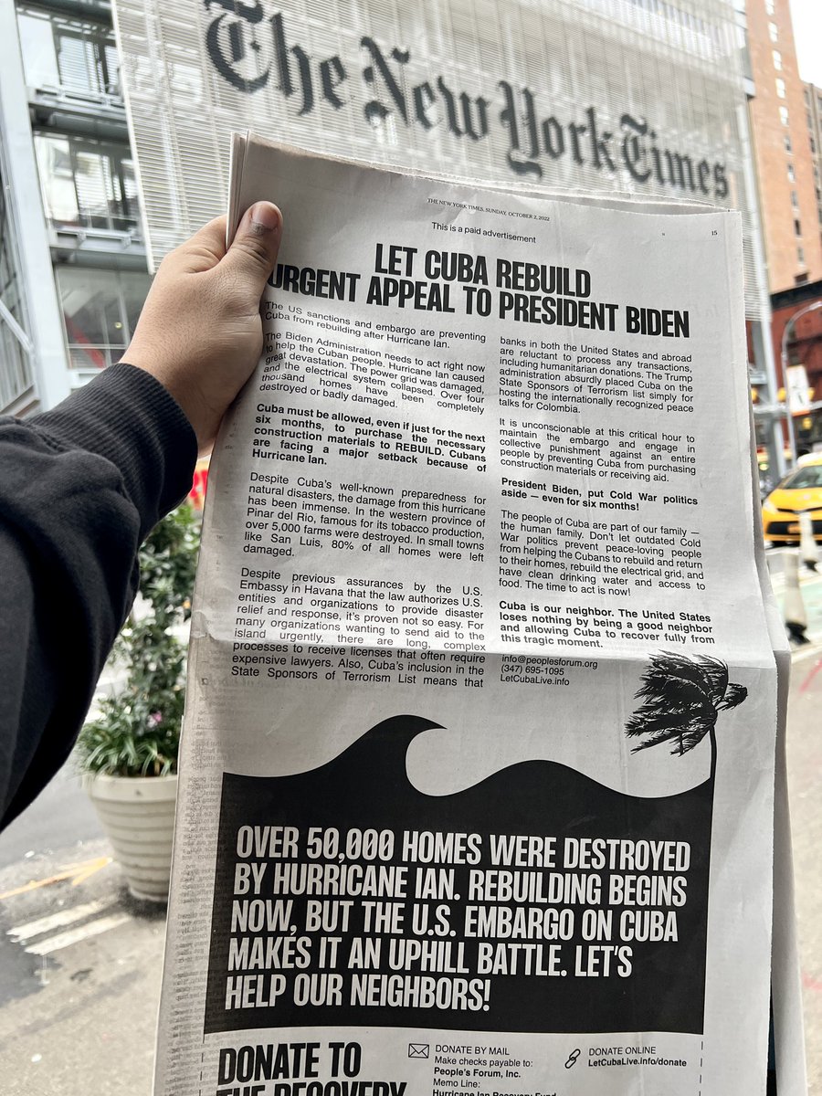 New call published by <a href="/nytimes/">The New York Times</a> asks President Biden <a href="/POTUS/">President Donald J. Trump</a> to lift inhumane economic blockade imposed on Cuba which hinders rebuilding works our whole people are involved in after devastating path of #HurricaneIan

#ByeByeBlockade is a call for solidarity

#MejorSinBloqueo