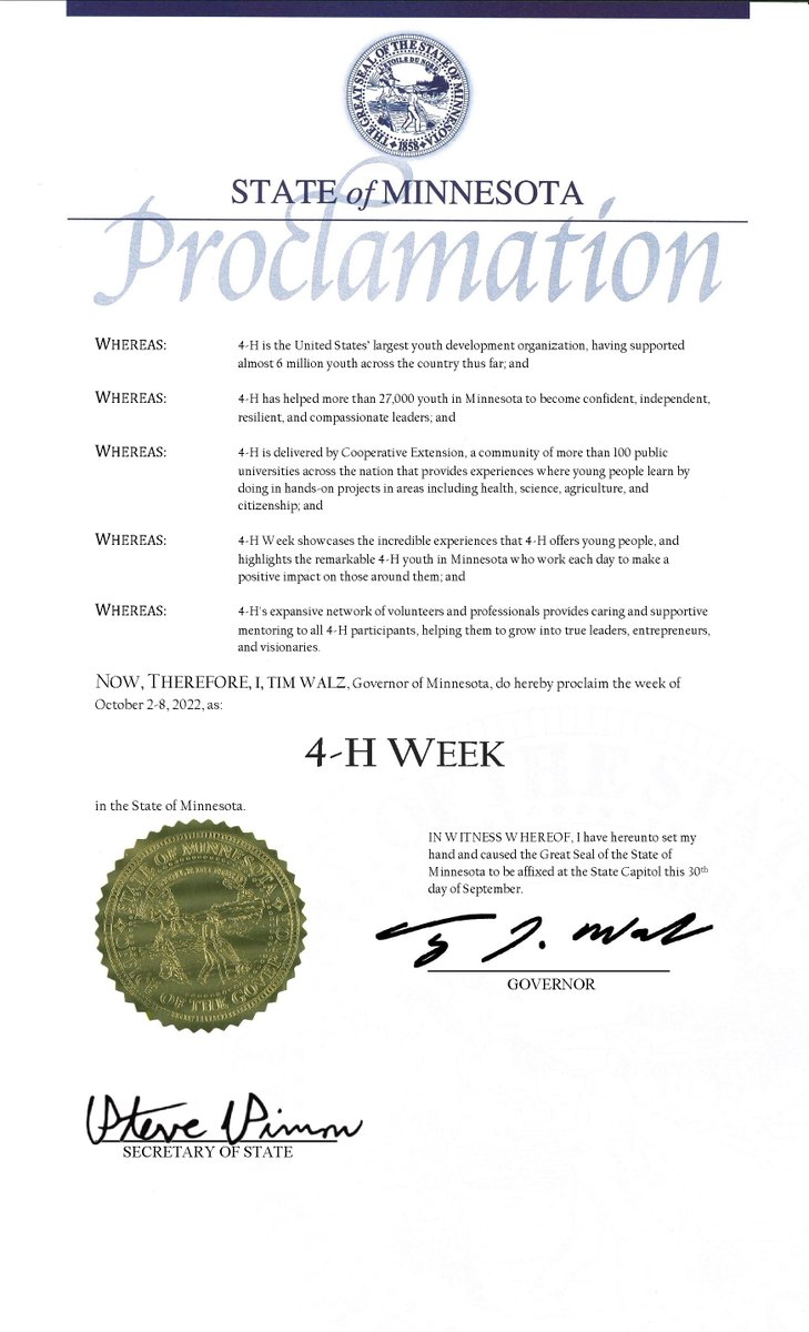 Yesterday, <a href="/GovTimWalz/">Governor Tim Walz</a> proclaimed Oct. 2-8 “4-H Week” in Minnesota. With over 27,000 youth enrolled, Minnesota 4-H is our state's largest youth development organization! #MN4HProud #National4HWeek